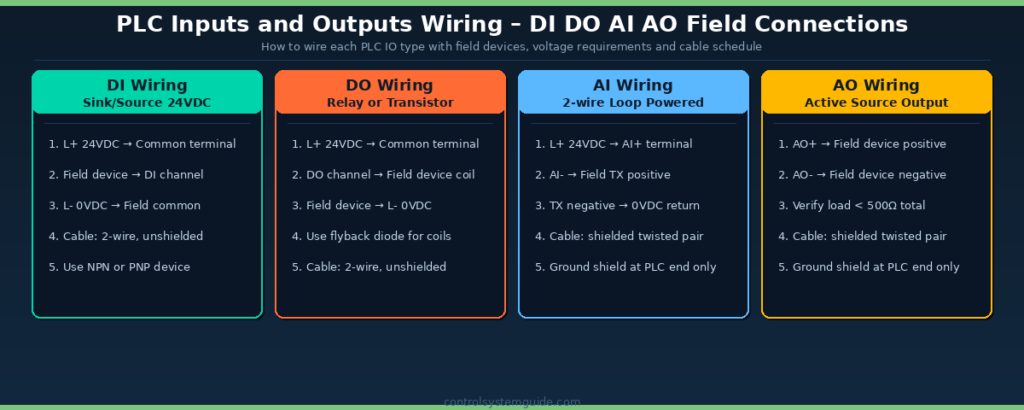 PLC inputs and outputs wiring DI DO AI AO field connections diagram 24VDC 4-20mA 2026