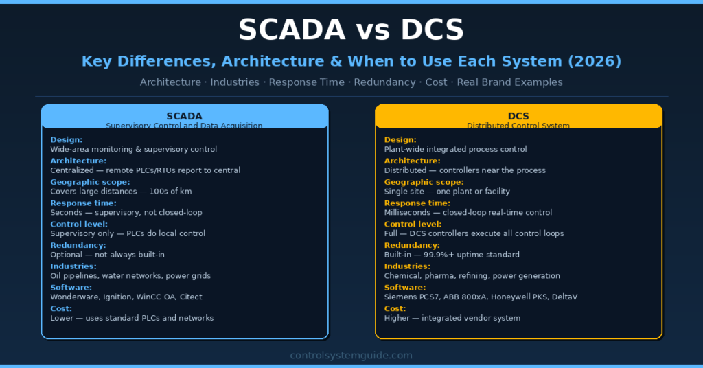 SCADA vs DCS key differences architecture when to use comparison guide 2026