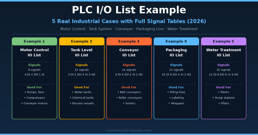 PLC io list example 5 real industrial cases motor control tank conveyor packaging water treatment 2026