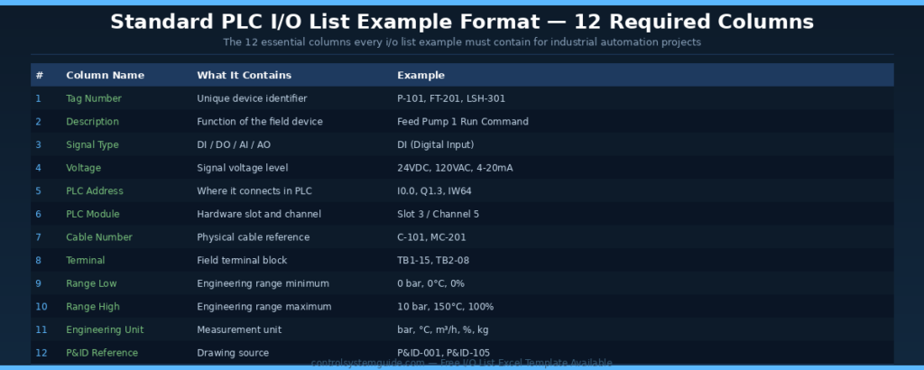 standard PLC io list example format 12 required columns tag number signal type address voltage