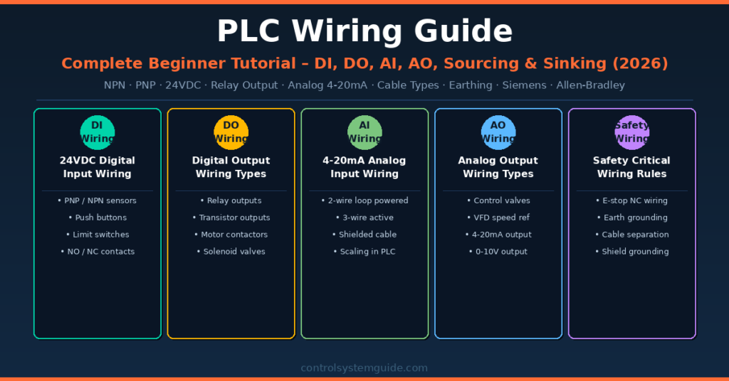 PLC wiring guide complete beginner tutorial DI DO AI AO sourcing sinking 2026