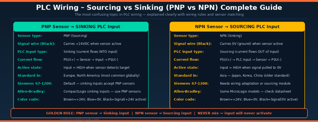PLC wiring sourcing sinking PNP NPN sensor input wiring guide explained