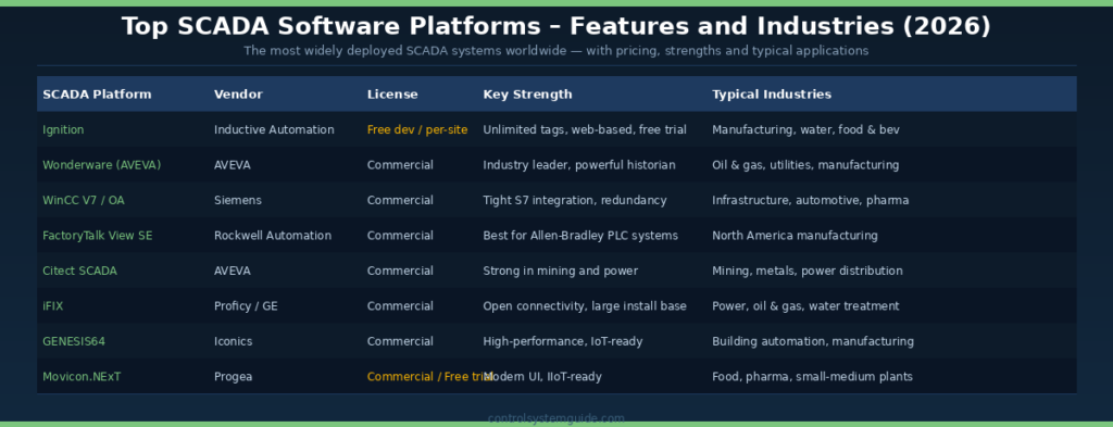 top SCADA software platforms comparison Ignition Wonderware WinCC FactoryTalk 2026